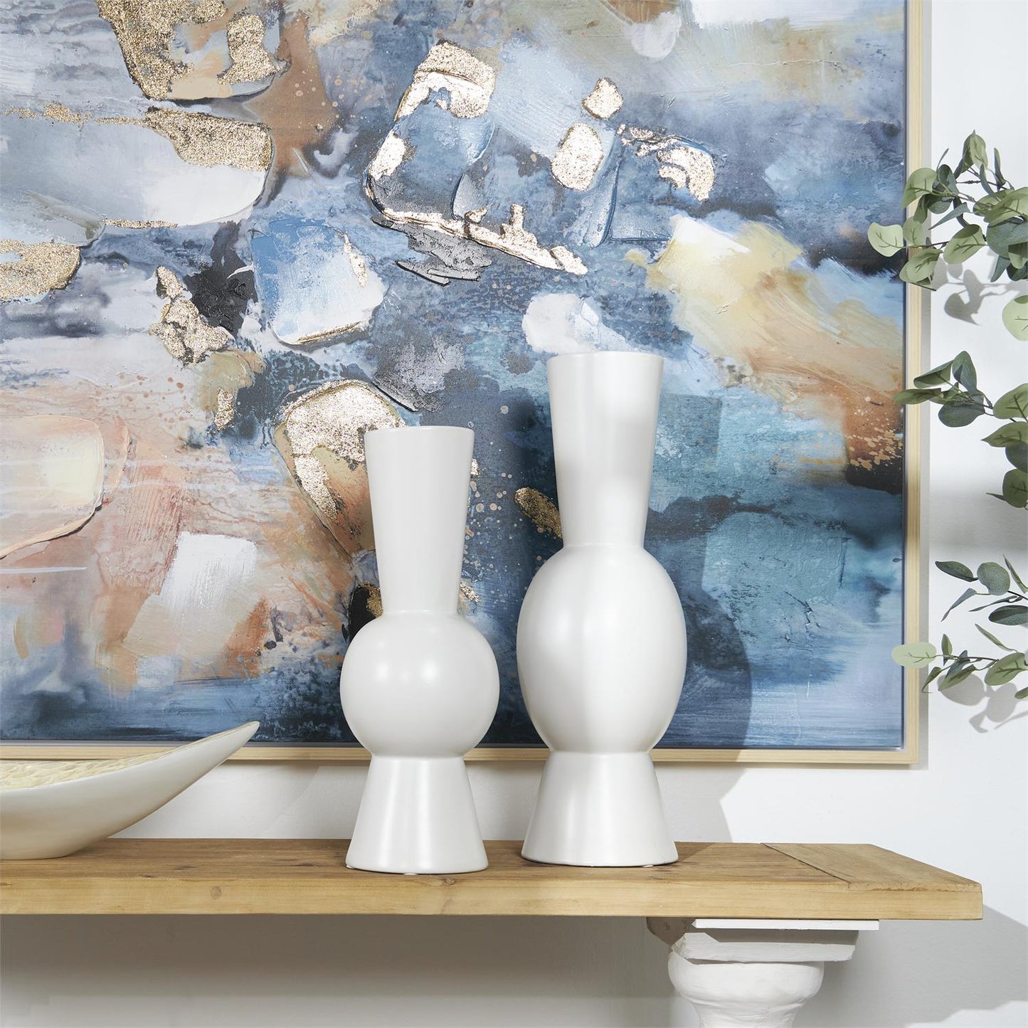 White ceramic Abstract Fluted Round Vase set of 2 24"