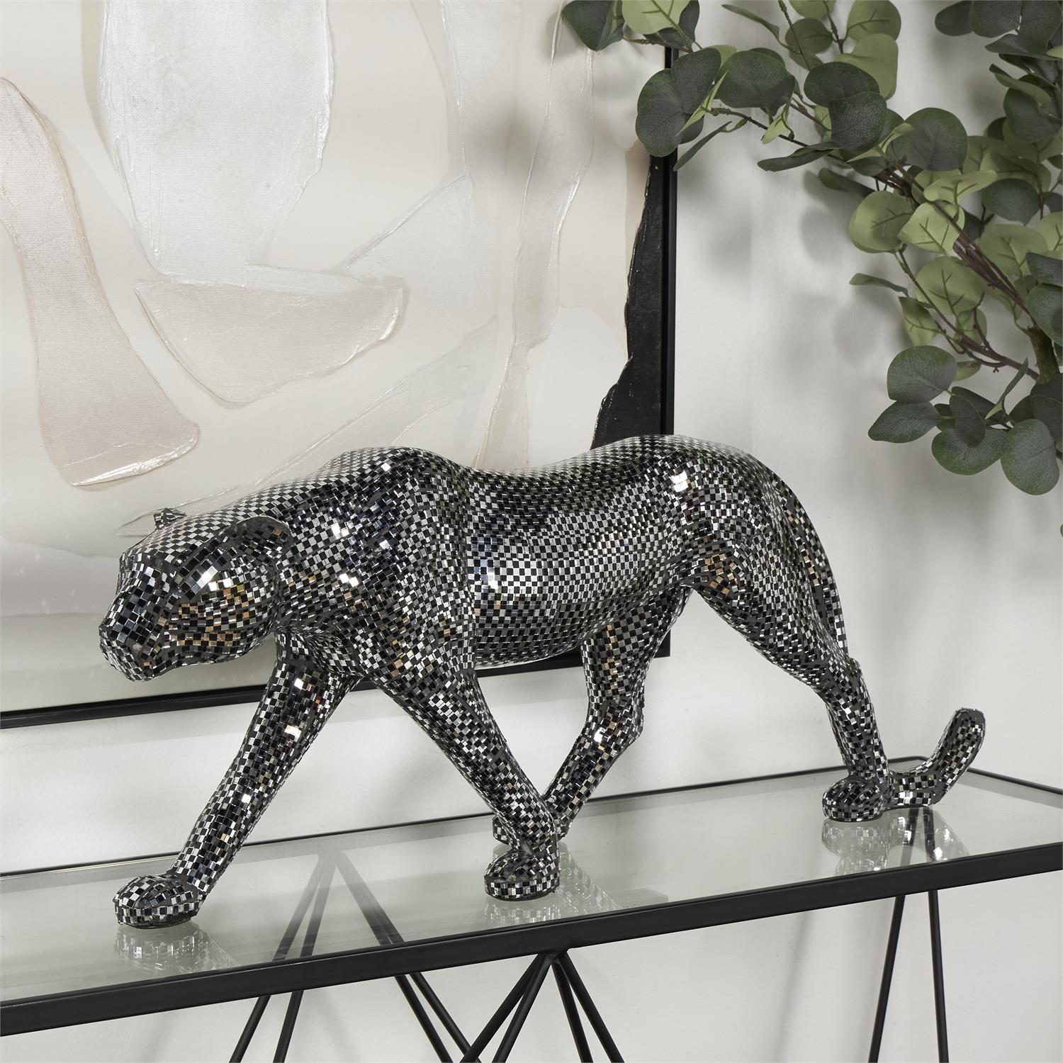 Black Resin Leopard Mirrored Sculpture With Checked Design, 31 X