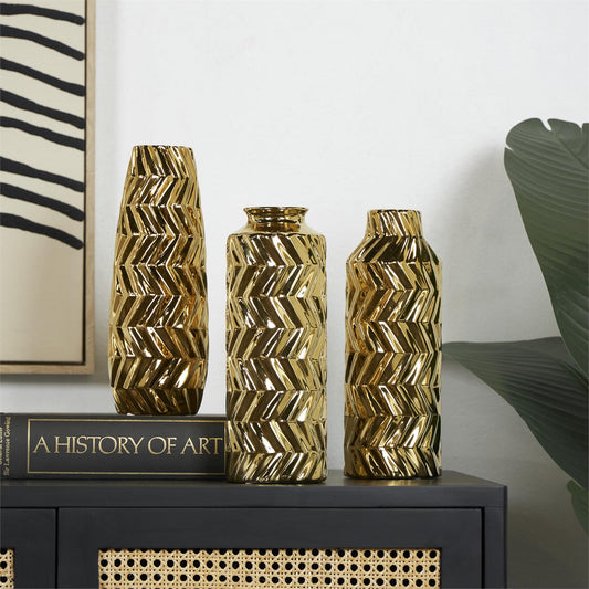 Gold ceramic Dimensional Chevron Textured Vase Each
