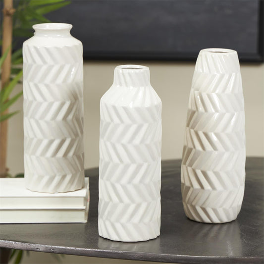 White ceramic Dimensional Chevron Textured Vase Each