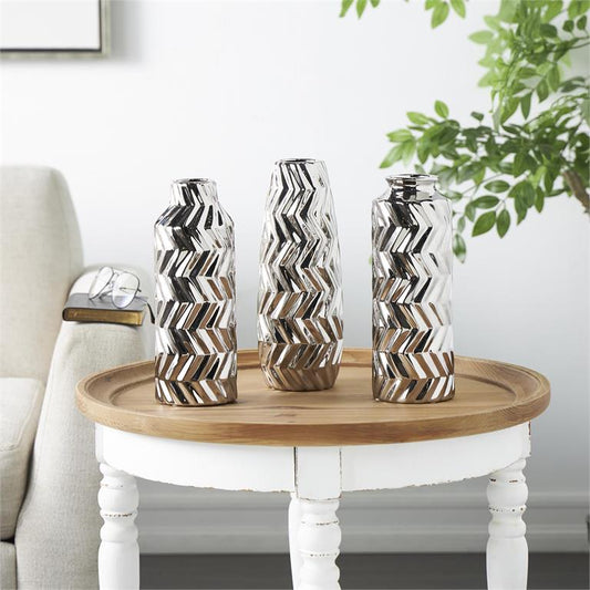 Silver ceramic Dimensional Chevron Textured Vase Each