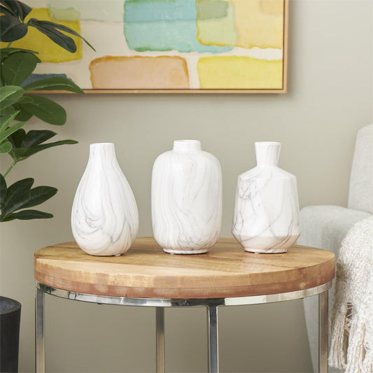 White Ceramic Marble Inspired Vase with Varying Shape set of 3