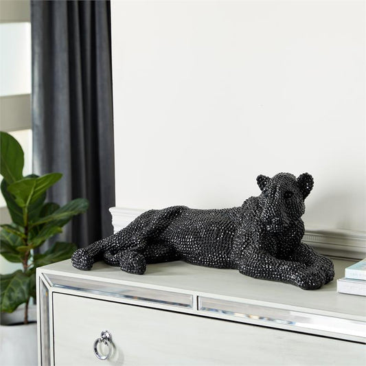 Black polystone Leopard Sculpture with Carves Faceted