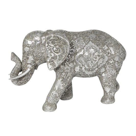 Silver Polystone Elephant Engraved Floral Sculpture 6"