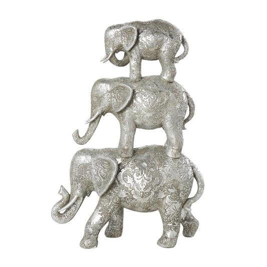 Silver Polystone Elephant Engraved Floral stacked Sculpture