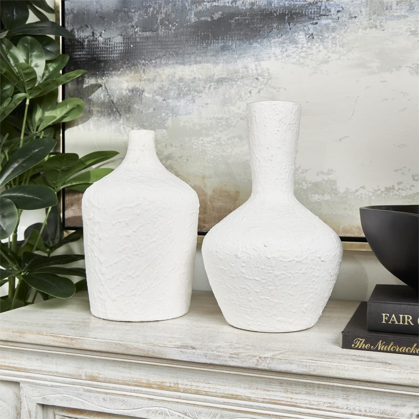 White Glass Textured Vase with various Sizes, set of 2