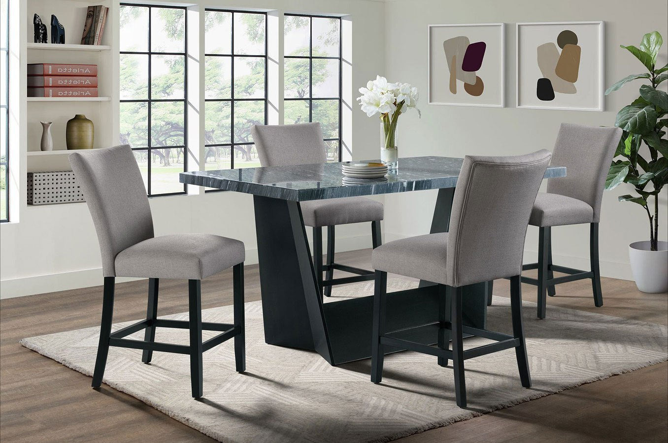 Beckley Counter Marble Table in Dark and 4 chairs