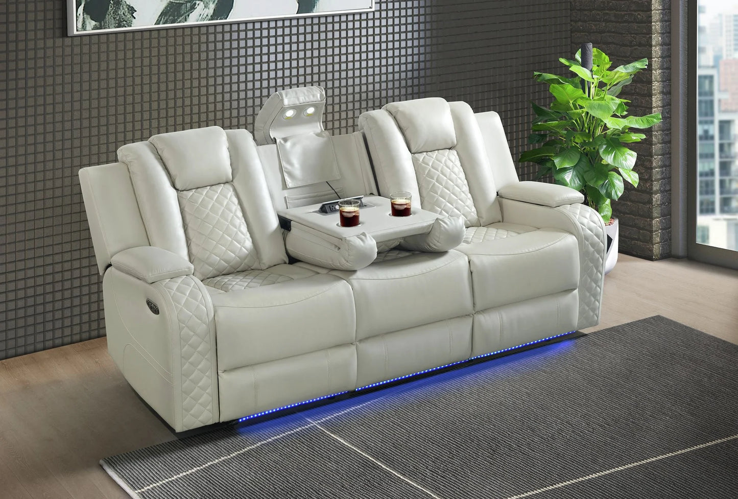 Carlos Power Reclining Sofa w/LED Lighting in Pebble Oyster