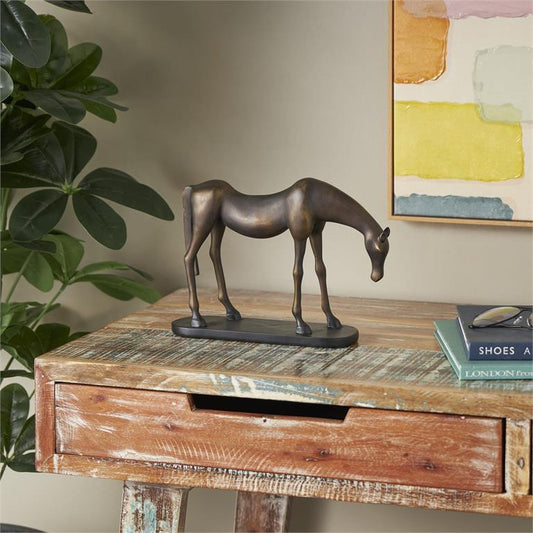 Bronze Polystone Horse Sculpture with Brushed Gold Accents and Black Oval Base, 12" x 3" x 8"