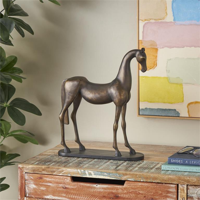 Bronze Polystone Horse Sculpture with Brushed Gold Accents and Black Oval Base, 13" x 4" x 17"