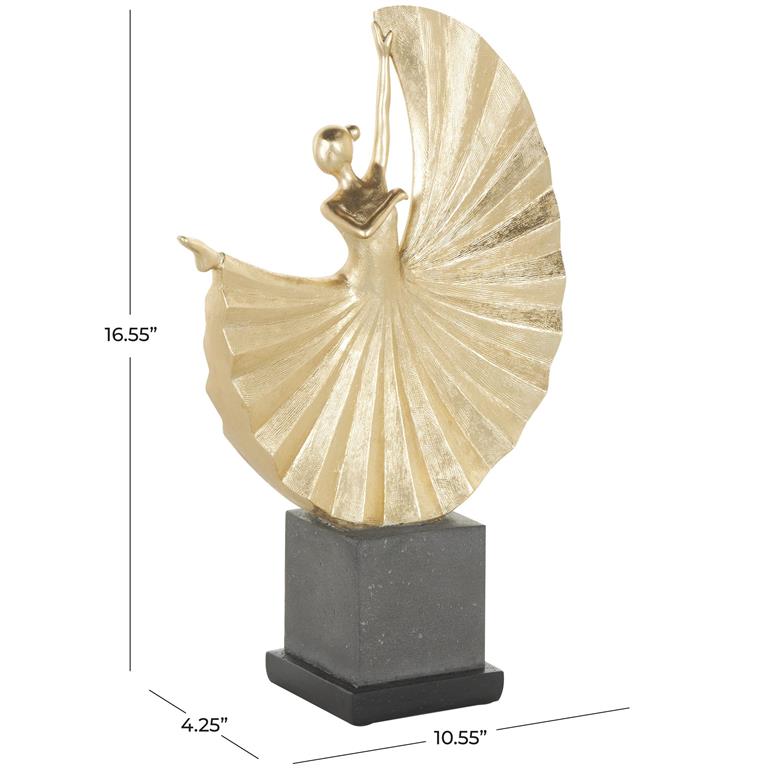 Gold Polystone Dancer Ballet Sculpture with Elevated Black Base, 11" x 4" x 17"