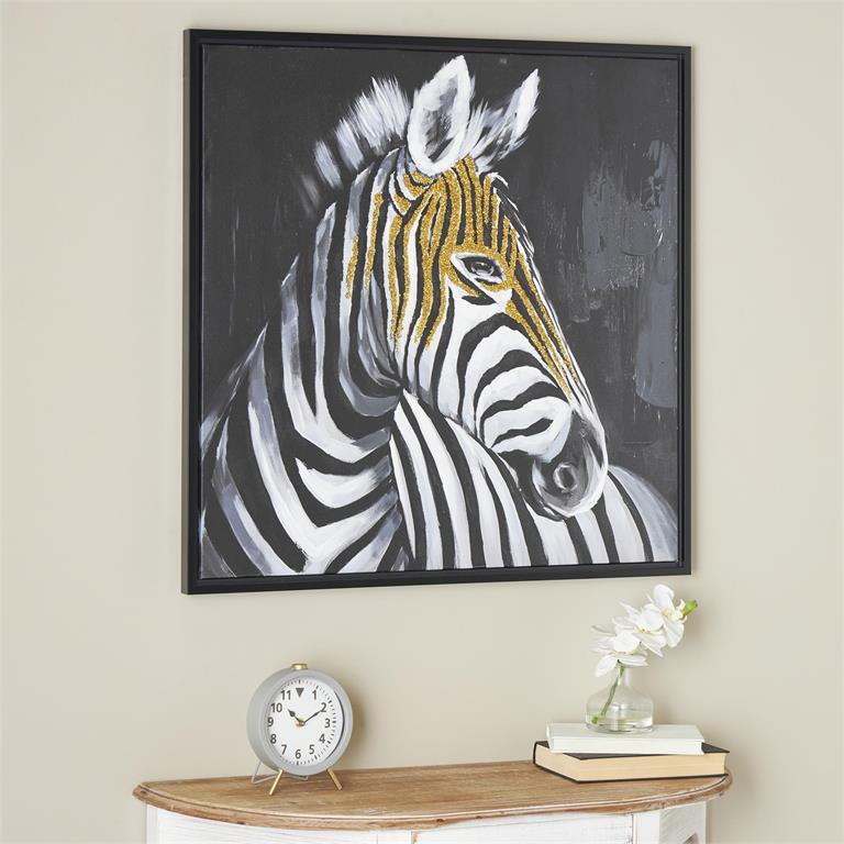 Black Canvas Zebra Framed Wall Art with Gold Foil Accents