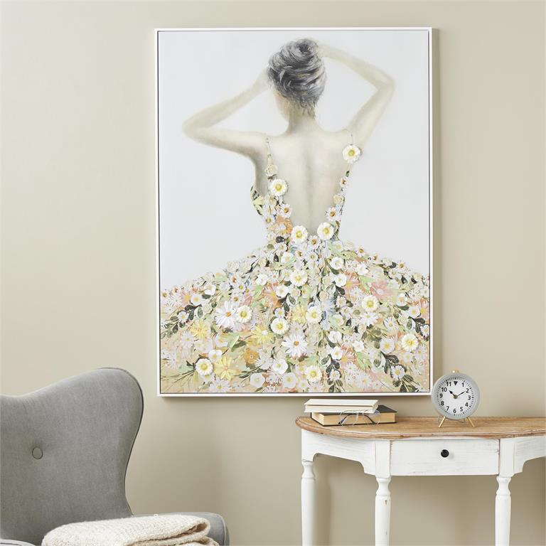 Multi Colored Canvas Woman Framed Wall Art with 3D Daisy Flowers