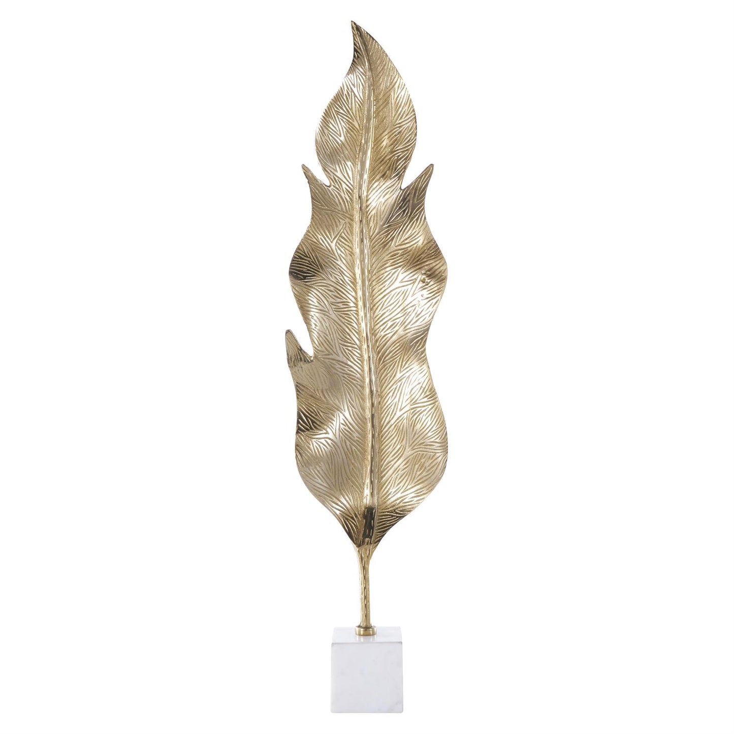 Gold Aluminum Metal Leaf Tall Textured Sculpture with White Marble Base