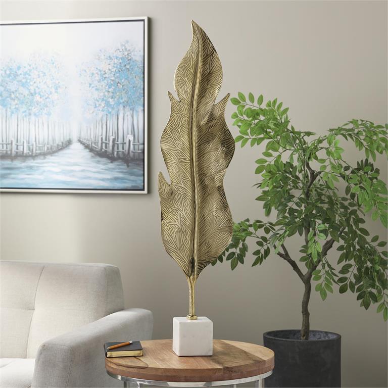 Gold Aluminum Metal Leaf Tall Textured Sculpture with White Marble Base