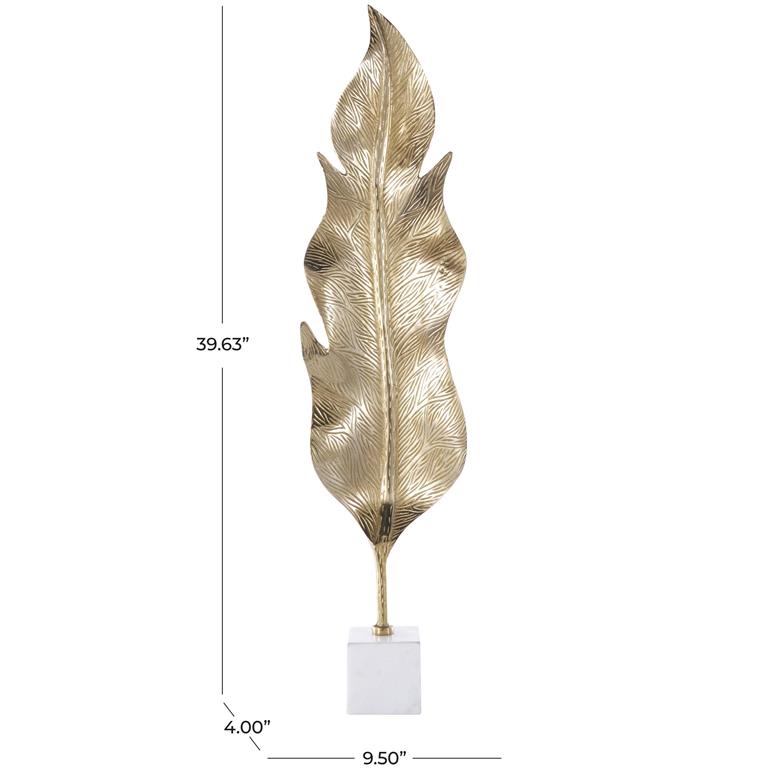 Gold Aluminum Metal Leaf Tall Textured Sculpture with White Marble Base