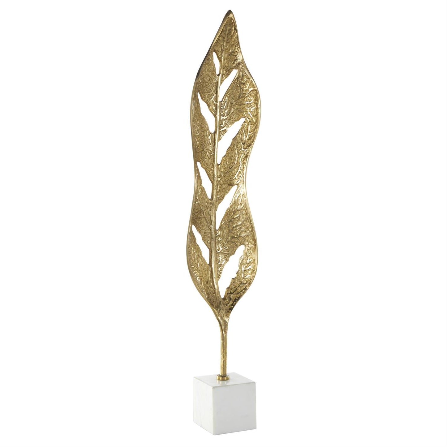 Gold Aluminum Metal Leaf Tall Textured Cutout Sculpture with White Marble Base