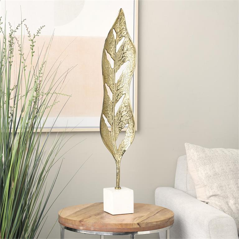 Gold Aluminum Metal Leaf Tall Textured Cutout Sculpture with White Marble Base