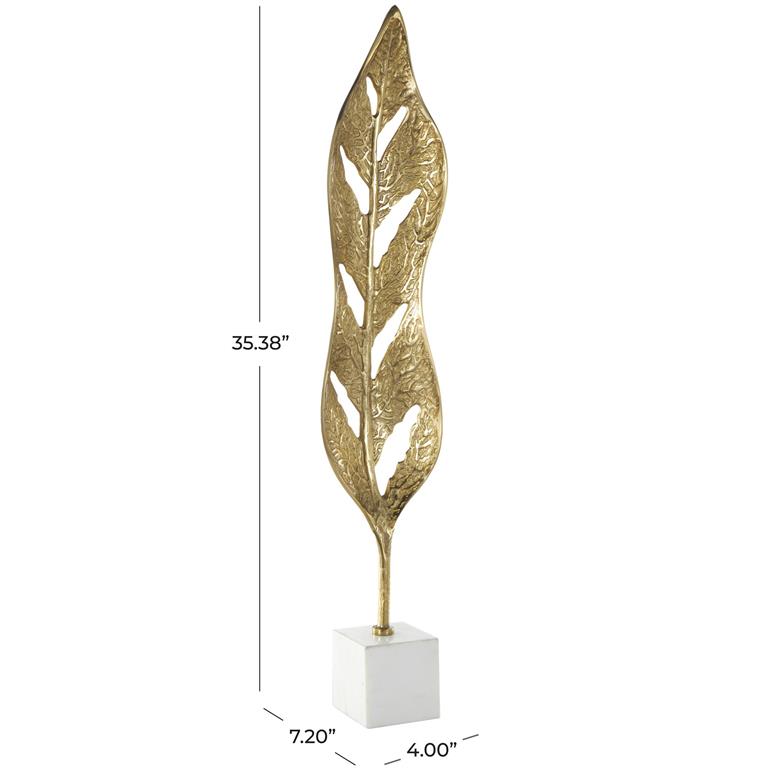 Gold Aluminum Metal Leaf Tall Textured Cutout Sculpture with White Marble Base