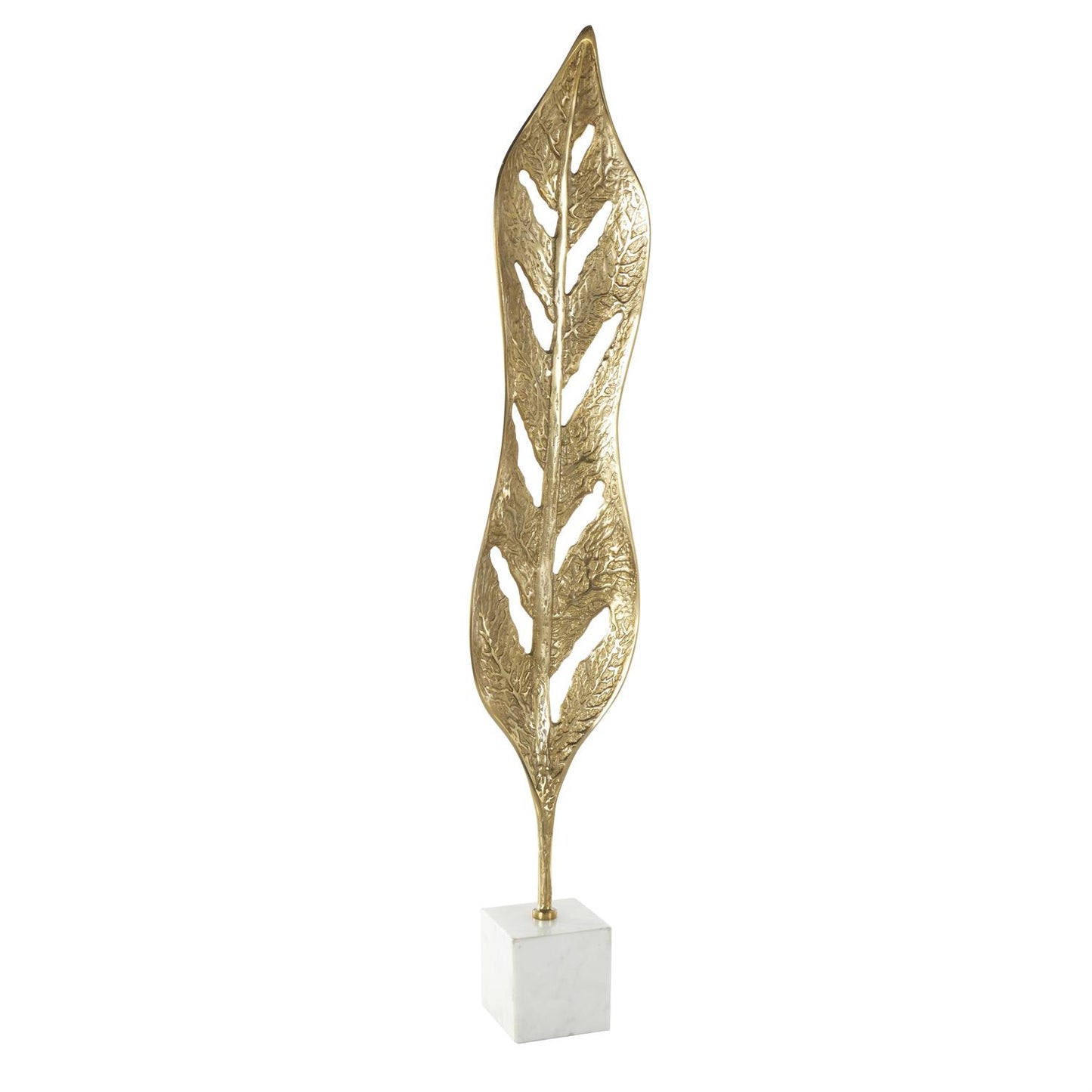 Gold Aluminum Metal Leaf Tall Textured Cutout Sculpture with White Marble Base