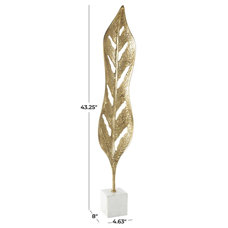 Gold Aluminum Metal Leaf Tall Textured Cutout Sculpture with White Marble Base