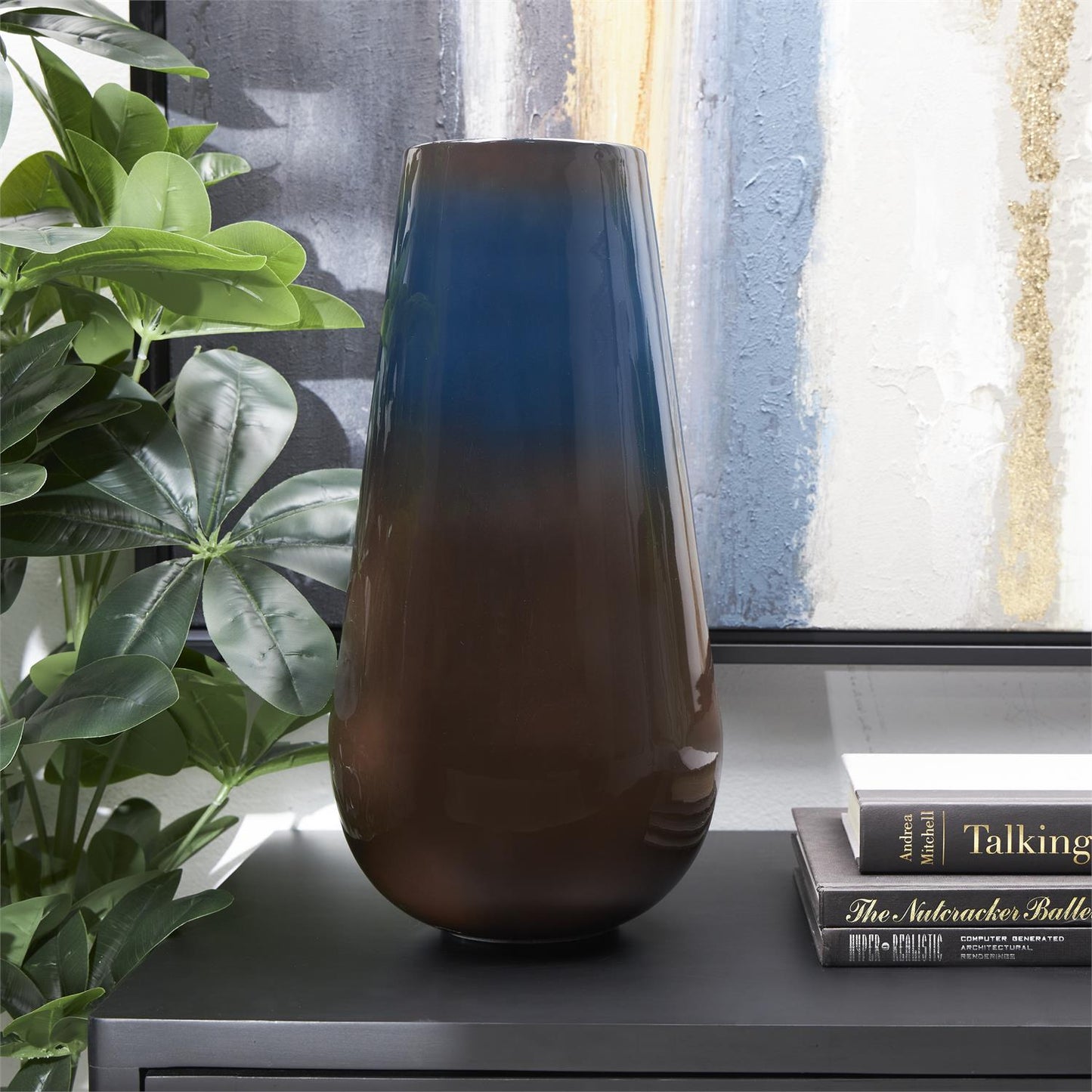 Blue Metal Ombre Vase With  Brown Accents
