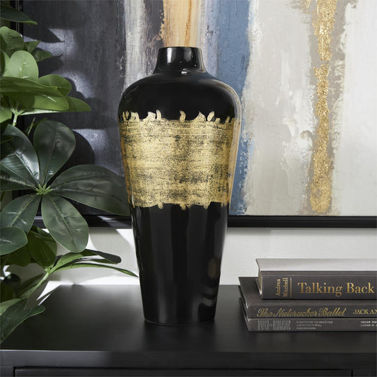 Black Metal Abstract Vase With  gold detailing 7" X 7" X 16"