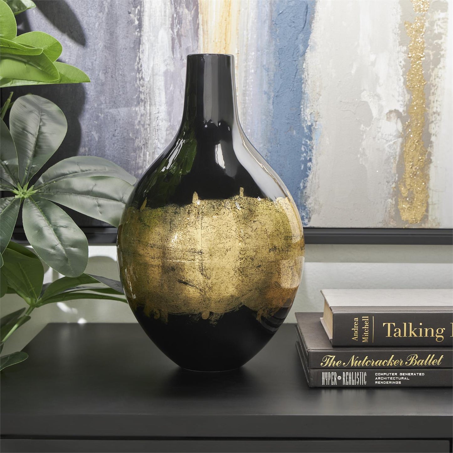 Black Metal Abstract Vase With  gold detailing 8" X 8" X 13"