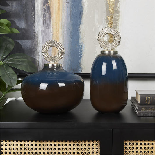 Blue Metal Ombre Decorative Jars with Brown Accents