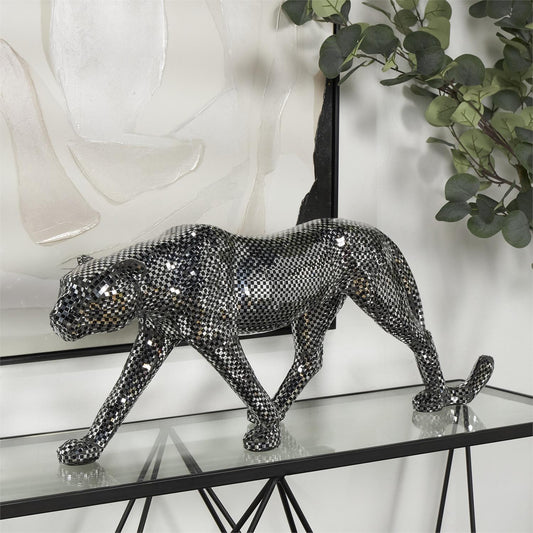 Black Resin Leopard Mirrored Sculpture With Checked Design, 31" X 9" X 13"