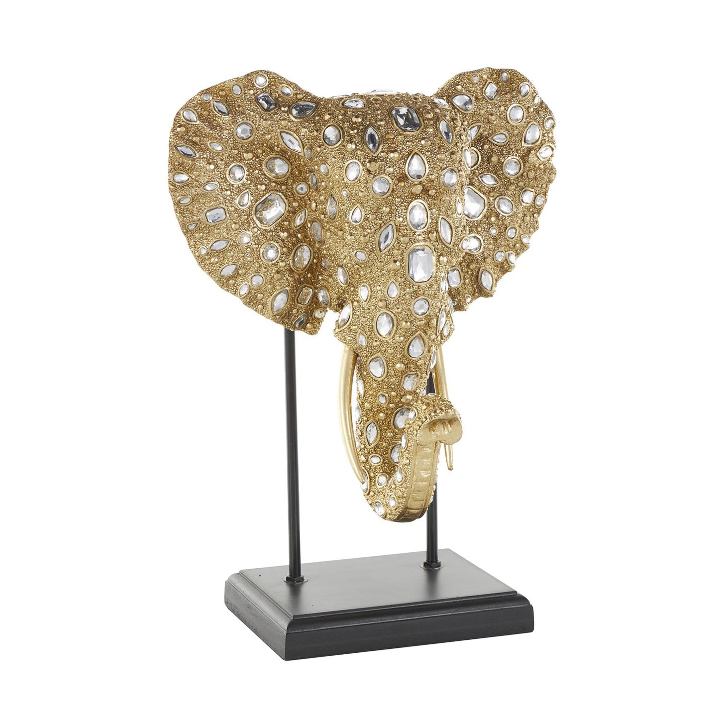 Gold Resin Elephant Beaded Sculpture with Rhinestone Accents and Black Metal Stand