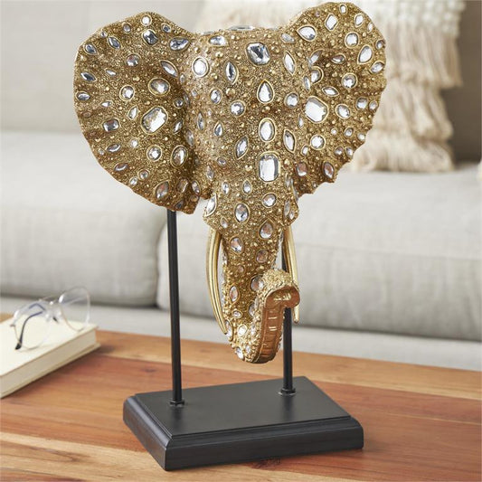 Gold Resin Elephant Beaded Sculpture with Rhinestone Accents and Black Metal Stand