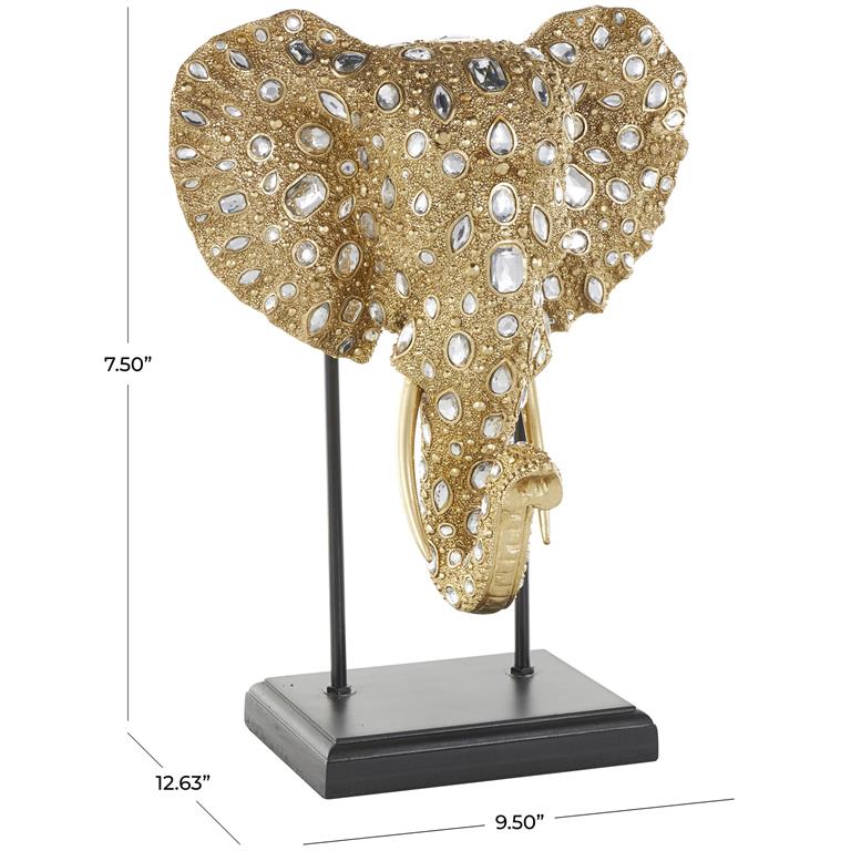 Gold Resin Elephant Beaded Sculpture with Rhinestone Accents and Black Metal Stand