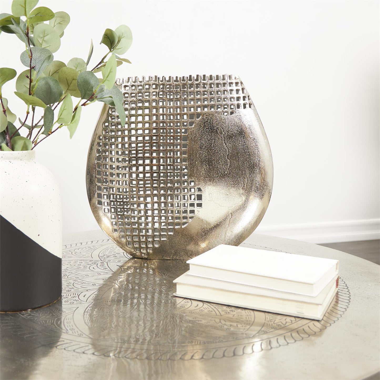 Dark Gray Aluminum Abstract Grid Inspired Vase