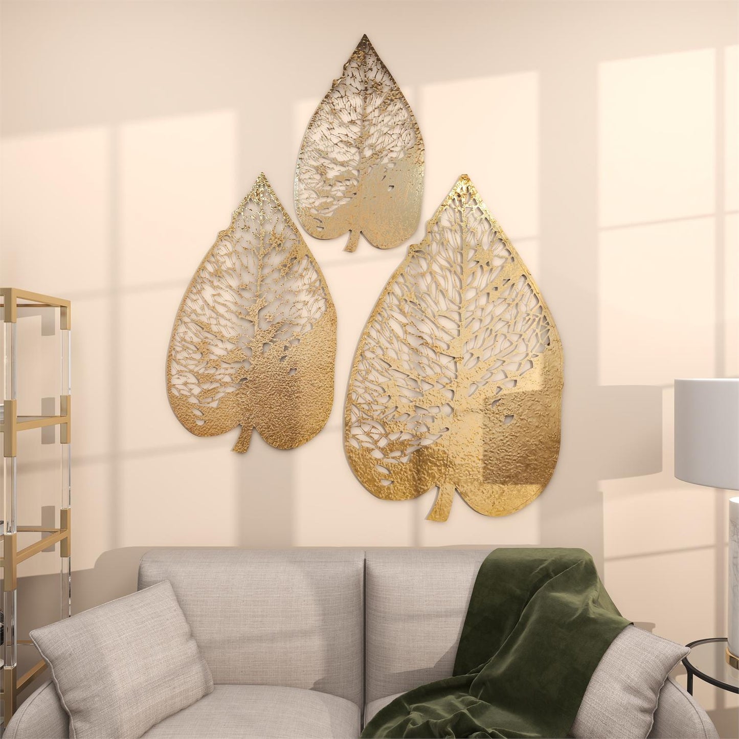 Gold Metal Leaf Wall Decor with Laser Cut Detailing, Set of 3