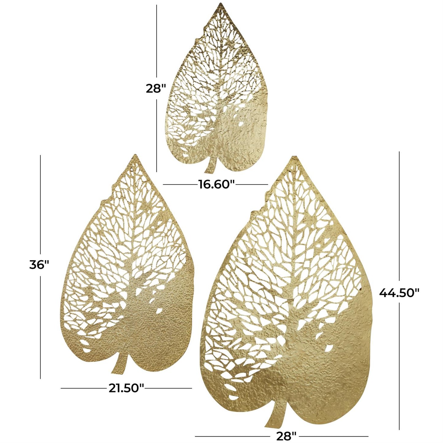 Gold Metal Leaf Wall Decor with Laser Cut Detailing, Set of 3