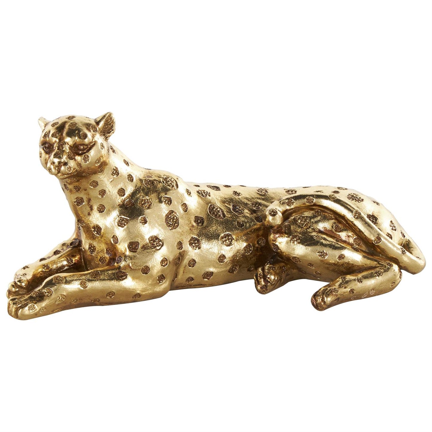 Gold Resin Leopard Laying Sculpture with Textured Spots, 8" x 4" x 4"