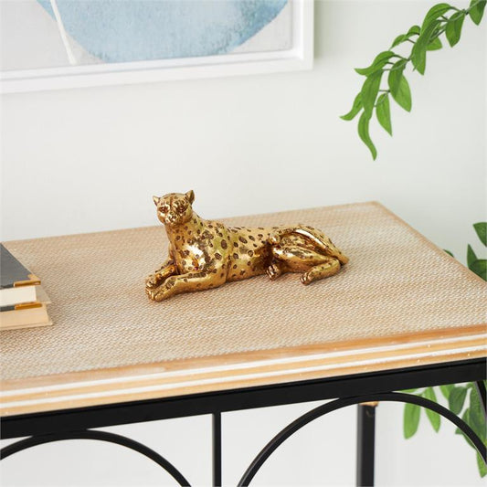 Gold Resin Leopard Laying Sculpture with Textured Spots, 8" x 4" x 4"