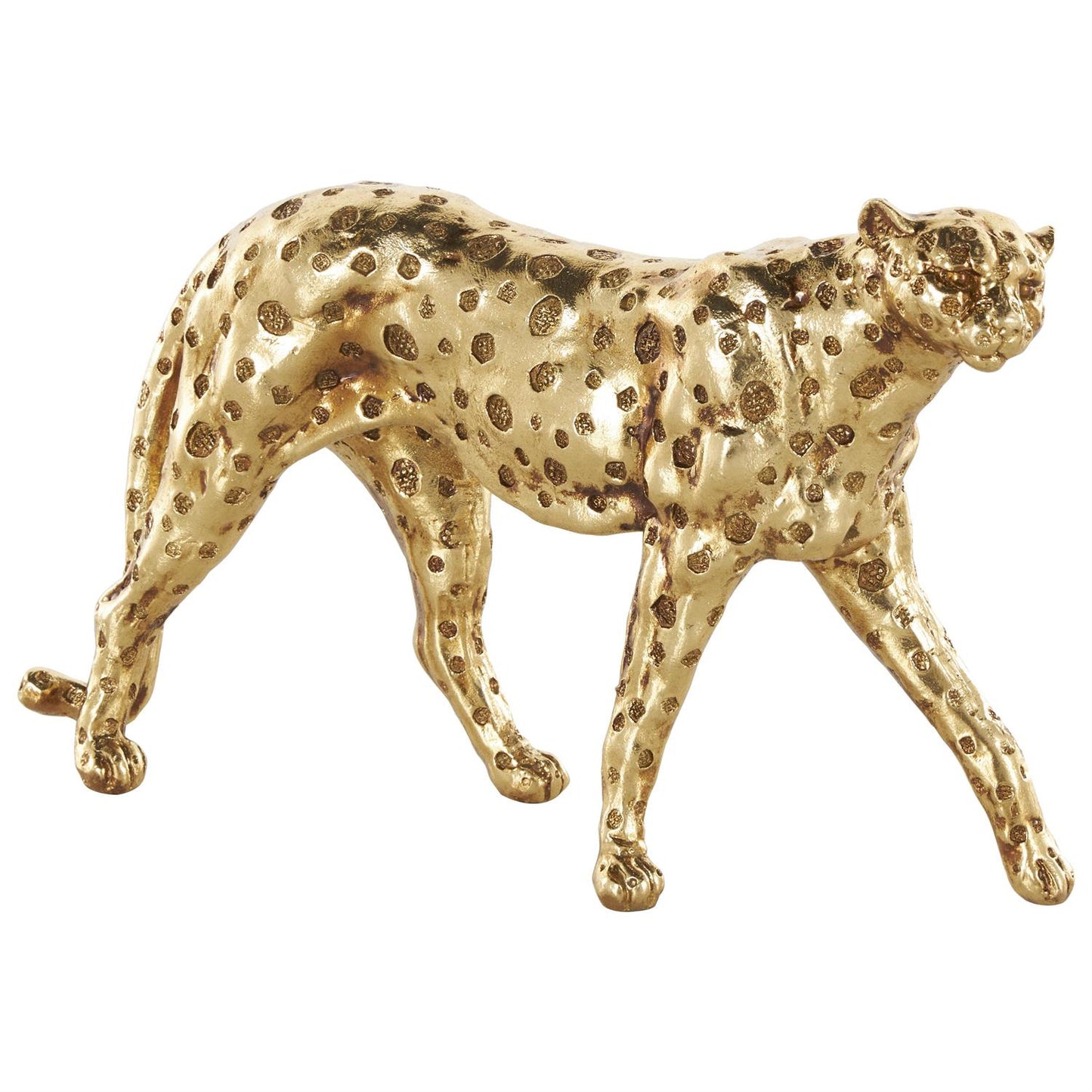 Gold Resin Leopard Walking Sculpture with Textured Spots, 10" x 3" x 7"