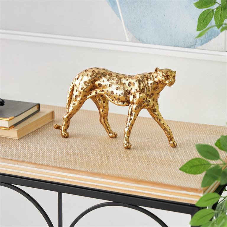 Gold Resin Leopard Walking Sculpture with Textured Spots, 10" x 3" x 7"