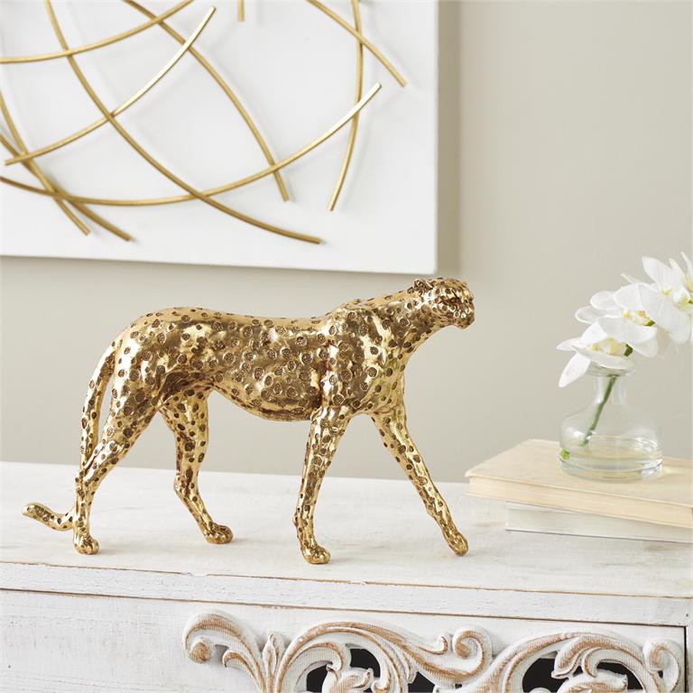 Gold Resin Leopard Walking Sculpture with Textured Spots, 17" x 3" x 10"