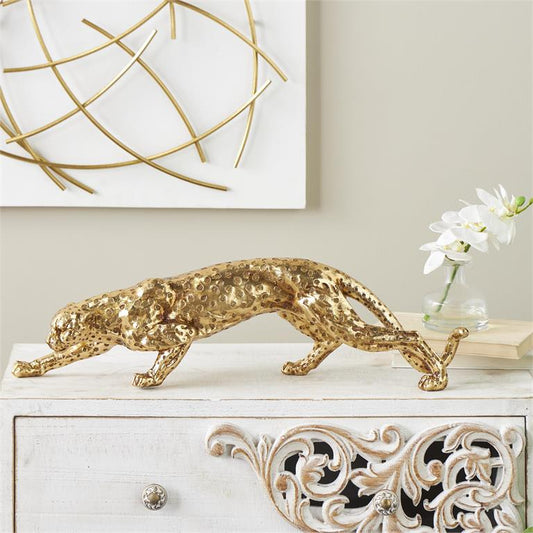 Gold Resin Leopard Sculpture with Textured Spots, 26" x 5" x 7"