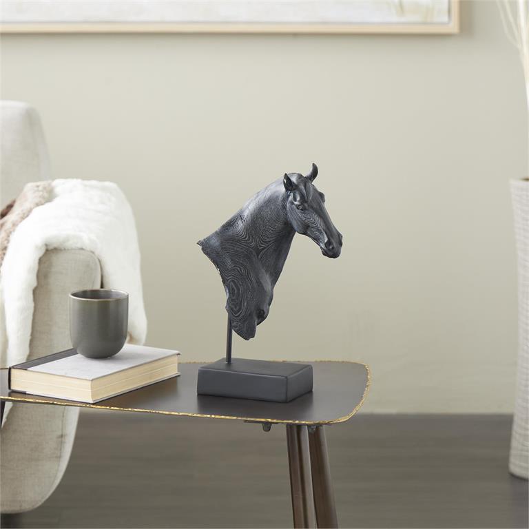 Black Resin Horse Sculpture with Black Rectangular Base