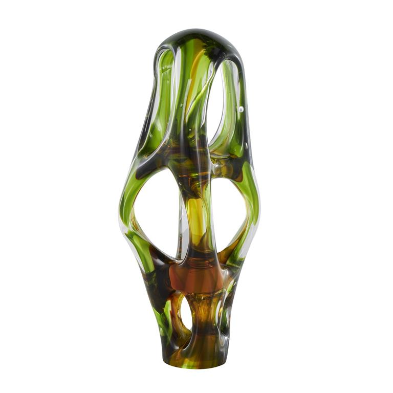 Green Glass Abstract Ombre Cutout Sculpture with Amber Accents, 6" x 5" x 16"