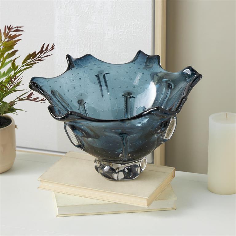 Dark Blue Glass Tulip Shaped Ombre Decorative Bowl with Bubble Texturing, 13" x 12" x 8"