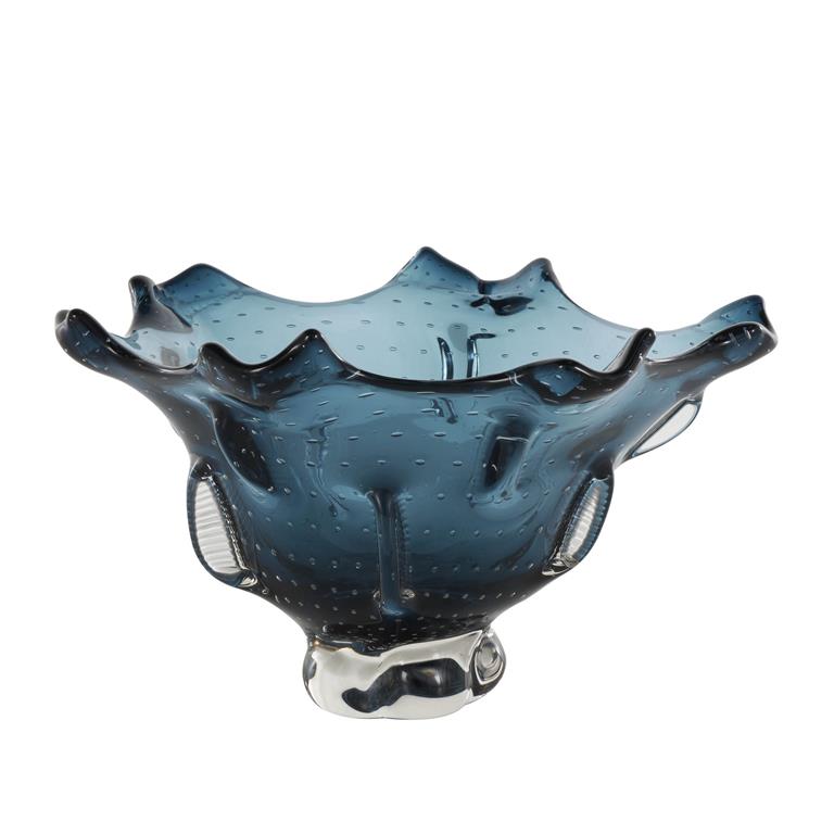 Dark Blue Glass Tulip Shaped Ombre Decorative Bowl with Bubble Texturing, 13" x 12" x 8"