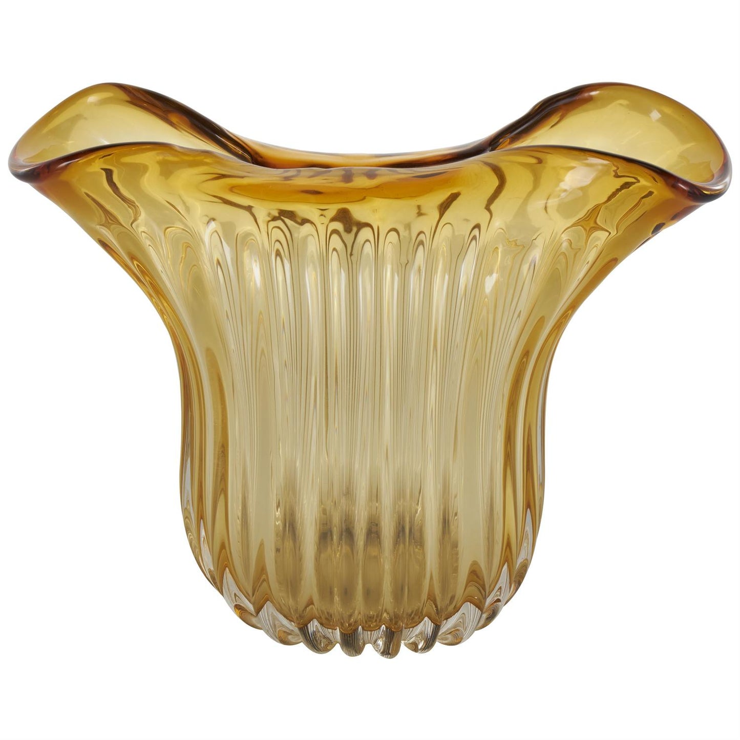 Orange Glass Abstract Ribbed Ombre Decorative Vase with Folded Curve Opening, 14" x 7" x 11"