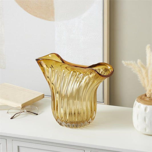 Orange Glass Abstract Ribbed Ombre Decorative Vase with Folded Curve Opening, 14" x 7" x 11"