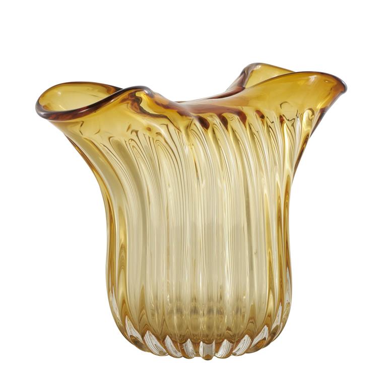 Orange Glass Abstract Ribbed Ombre Decorative Vase with Folded Curve Opening, 14" x 7" x 11"