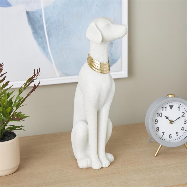 Cream Polystone Dog Sitting Sculpture with Gold Collar